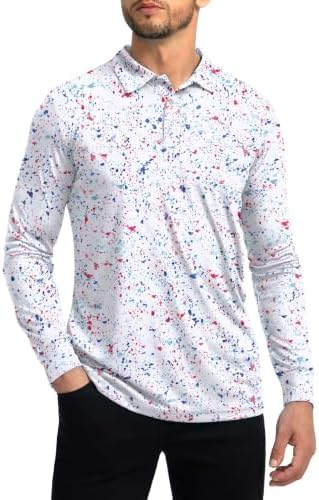 Men's long sleeve UPF 50+ golf polo, white colored dots