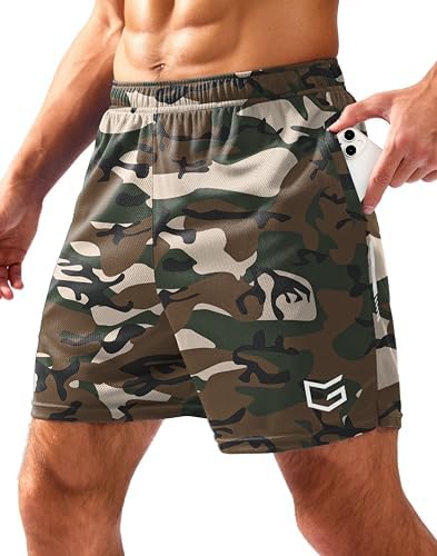 Men's mesh gym shorts, three inseams, green camo