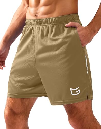 Men's mesh gym shorts, three inseams, light khaki