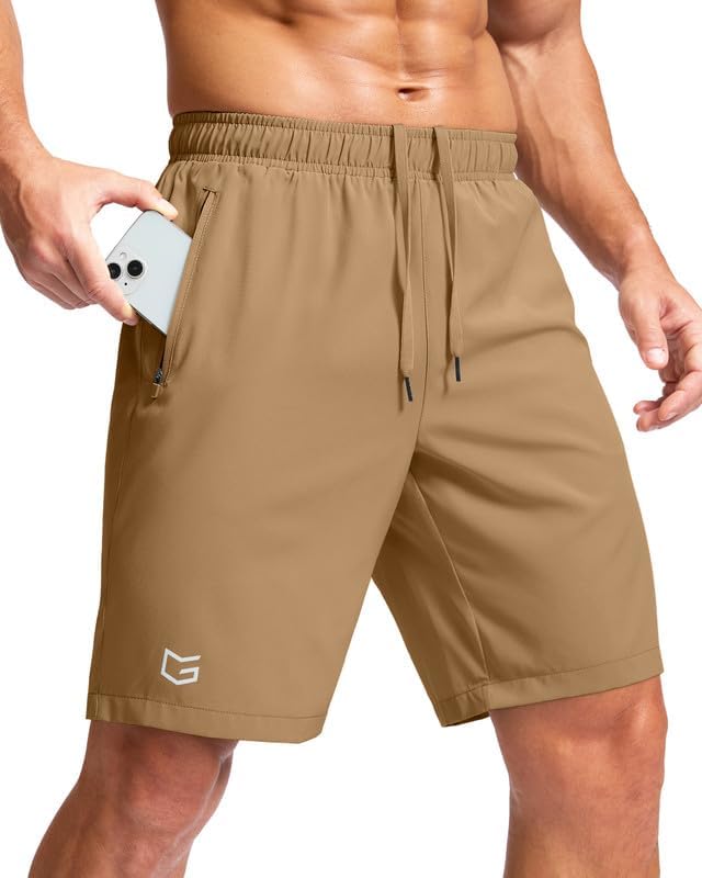 Men's running shorts, two zip pockets, dark khaki
