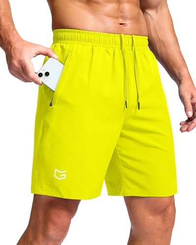 Men's running shorts, two zip pockets, fluorescent yellow