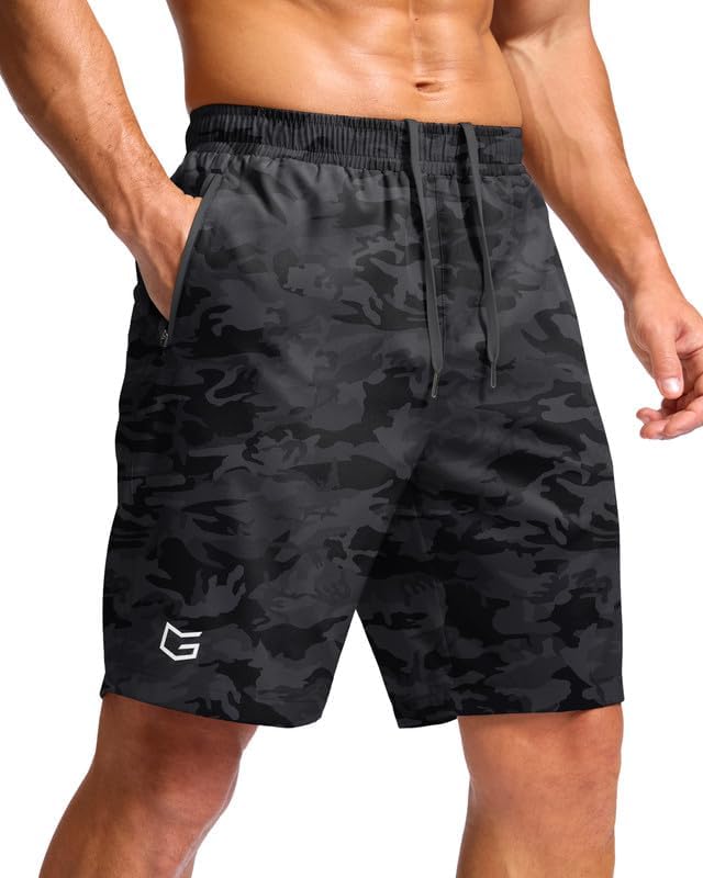 Men's running shorts, two zip pockets, grey camo