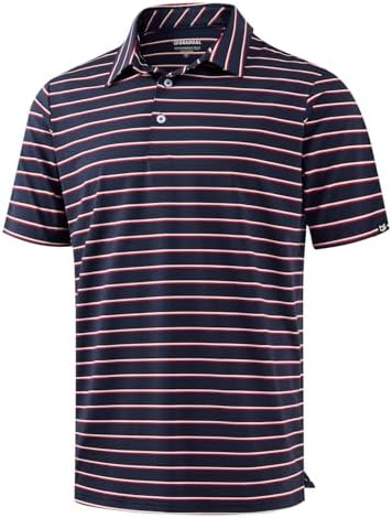 Men's short sleeve golf polo, wide navy stripe