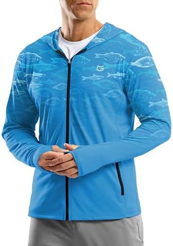 Men's UPF 50+ zip-up sun hoodie, blue fish
