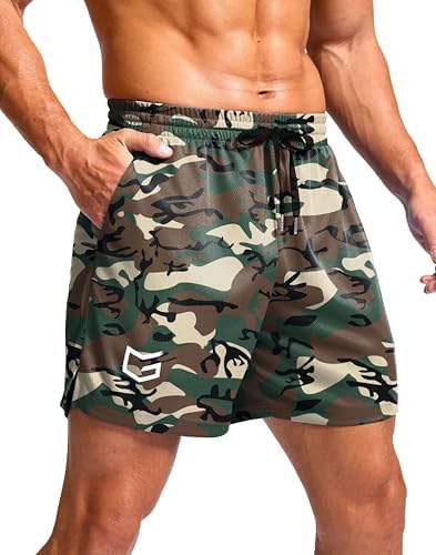 Men's workout shorts, three inseams, green camo