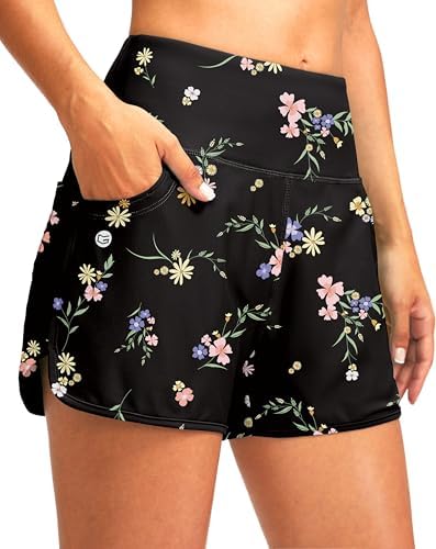 Women's 3" high-waist swim shorts, black floral