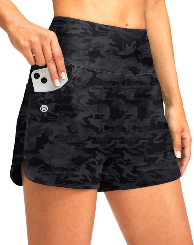 Women's 3" high-waist swim shorts, grey camo