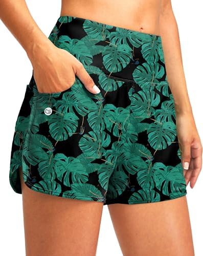 Women's 3" high-waist swim shorts, leaf