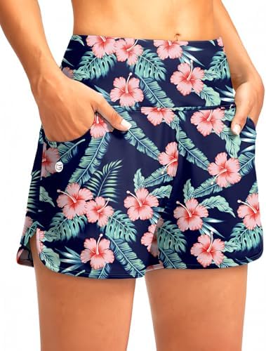 Women's 3" high-waist swim shorts, navy flower