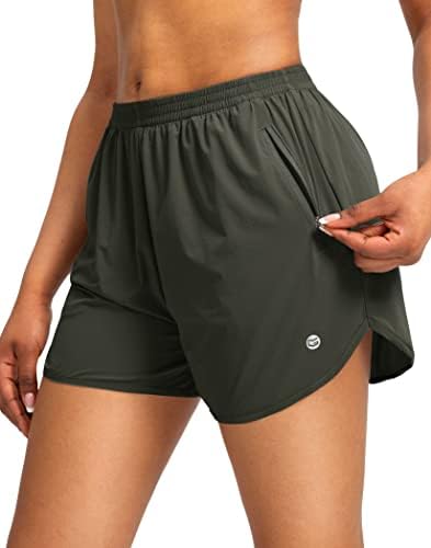Women's 3" running shorts, two zip pockets, army green