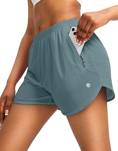 Women's 3" running shorts, two zip pockets, arona blue