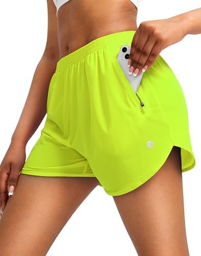 Women's 3" running shorts, two zip pockets, bright green