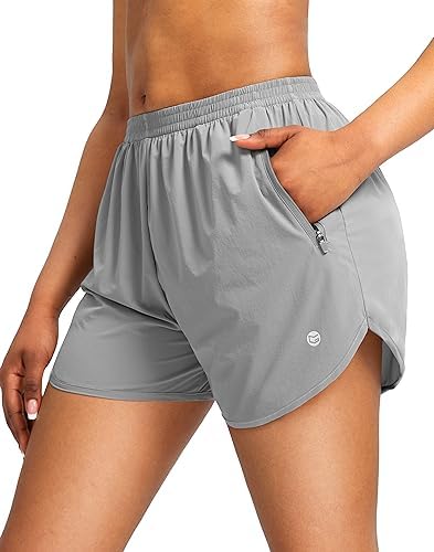 Women's 3" running shorts, two zip pockets, bright grey