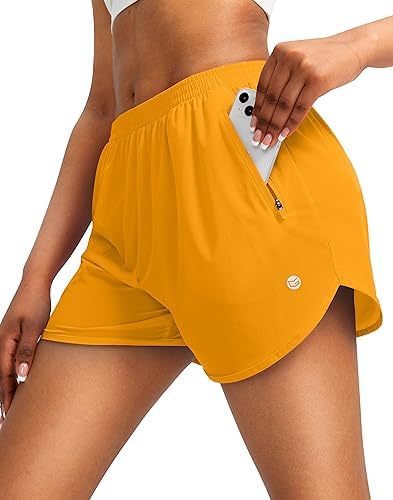 Women's 3" running shorts, two zip pockets, flame orange