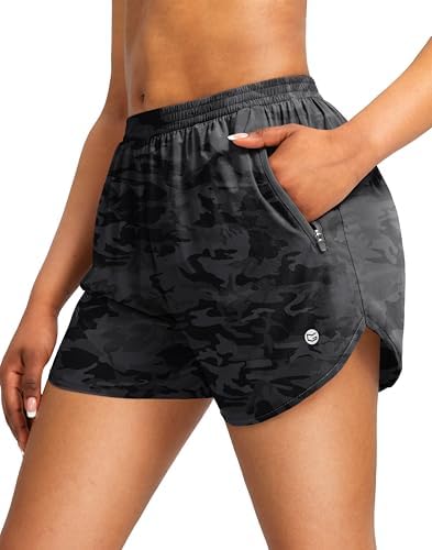 Women's 3" running shorts, two zip pockets, grey camo