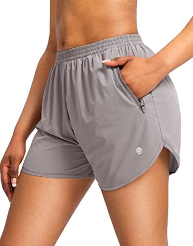 Women's 3" running shorts, two zip pockets, grey sage