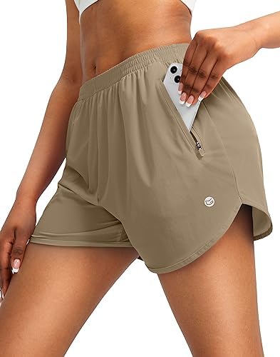 Women's 3" running shorts, two zip pockets, khaki
