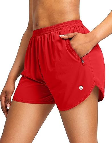 Women's 3" running shorts, two zip pockets, red