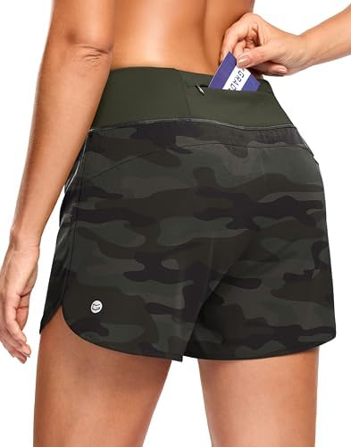 Women's 3" running shorts with pocket, green camo