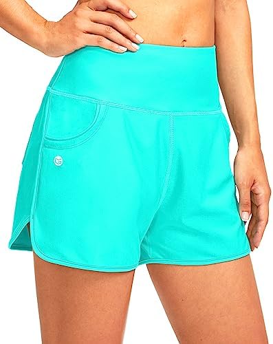 Women's 3" swim shorts, three pockets, cyan