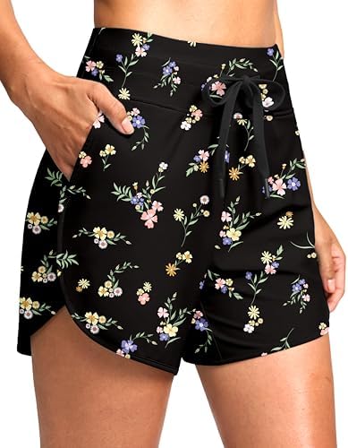 Women's 4" high-waist swim shorts, black floral