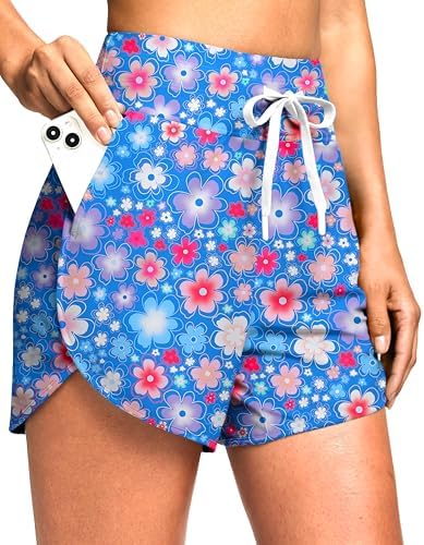 Women's 4" high-waist swim shorts, blue flower