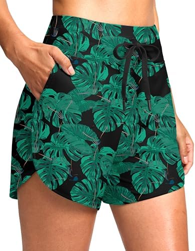 Women's 4" high-waist swim shorts, leaf