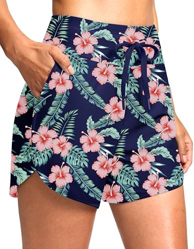 Women's 4" high-waist swim shorts, navy flower