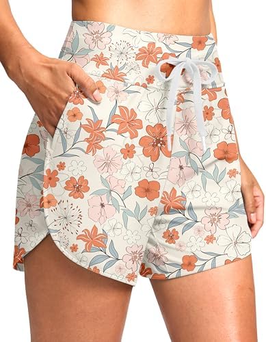Women's 4" high-waist swim shorts, orange flower