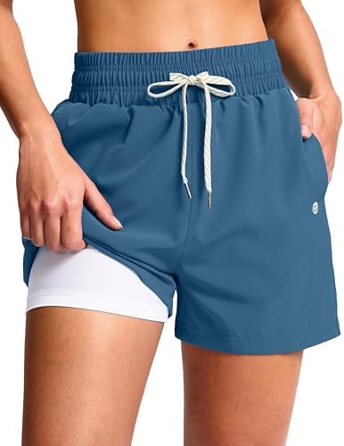 Women's 4" swim shorts with boxer liner, blue grey