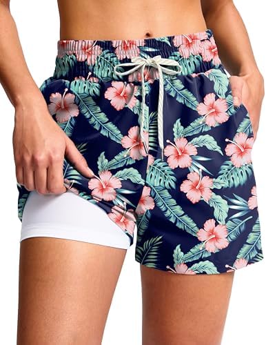 Women's 4" swim shorts with boxer liner, navy flower