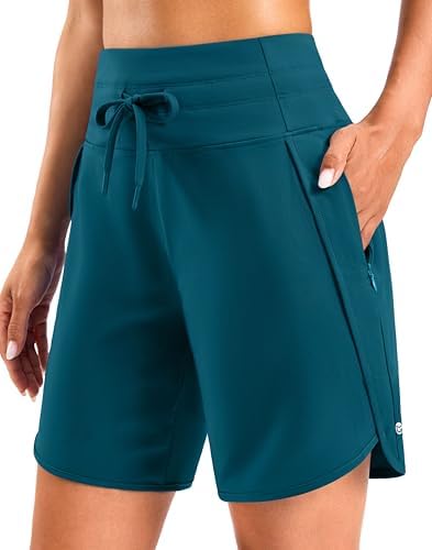Women's 5" gym shorts, zip pockets, borealis green