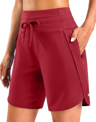 Women's 5" gym shorts, zip pockets, red