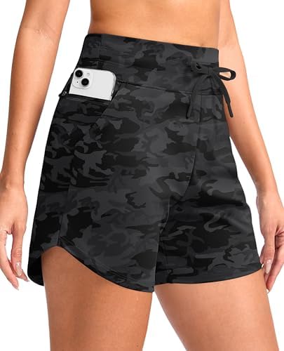 Women's 5" high-waist running shorts, black camo
