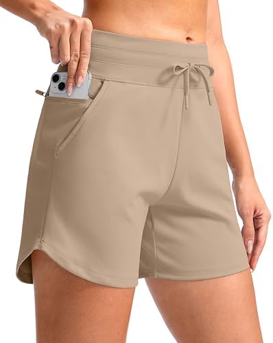 Women's 5" high-waist running shorts, khaki