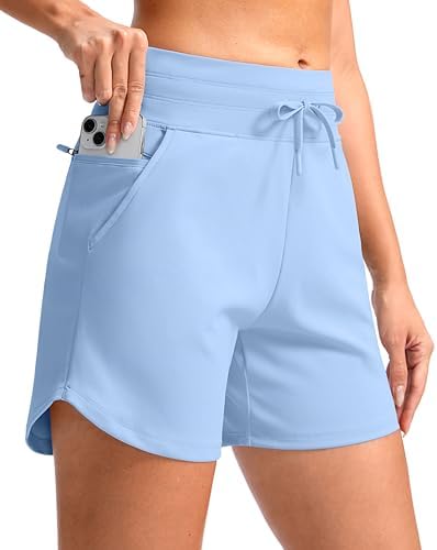 Women's 5" high-waist running shorts, light blue