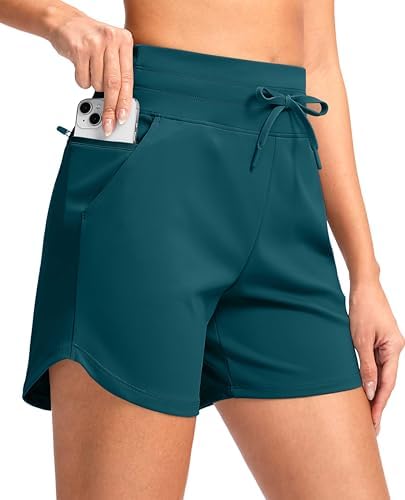 Women's 5" high-waist running shorts, peacock green