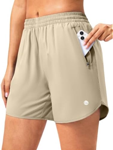 Women's 5" running shorts, two zip pockets, khaki