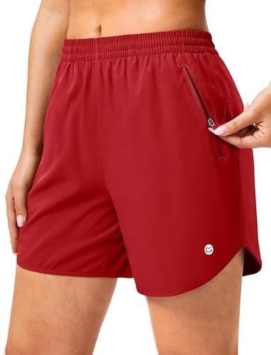 Women's 5" running shorts, two zip pockets, red