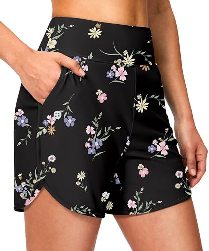 Women's 5" swim shorts with pockets, black floral