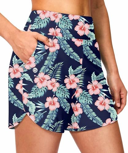 Women's 5" swim shorts with pockets, navy flower