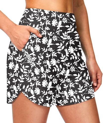 Women's 5" swim shorts with pockets, white flower