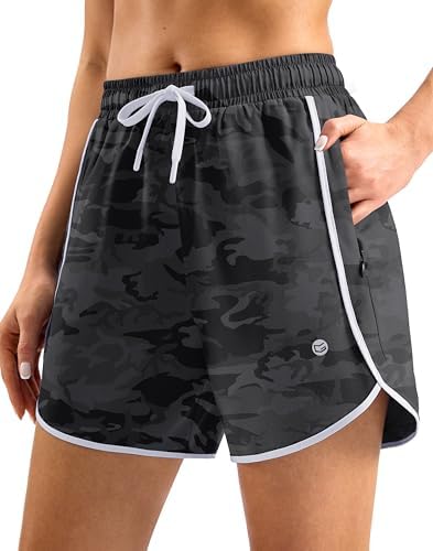 Women's 5" swim shorts, zip pockets, black camo