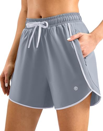 Women's 5" swim shorts, zip pockets, light grey