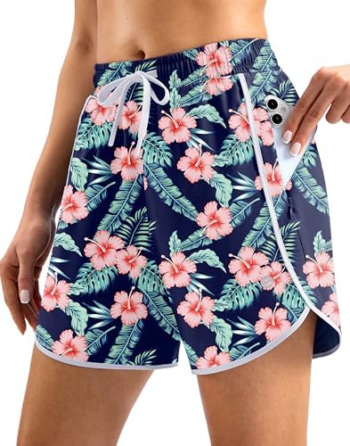 Women's 5" swim shorts, zip pockets, navy flower