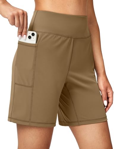 Women's 7" athletic shorts, two pockets, dark khaki