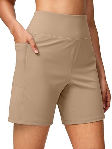 Women's 7" athletic shorts, two pockets, light khaki