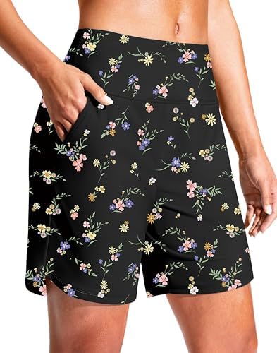 Women's 7" quick dry swim shorts, black floral