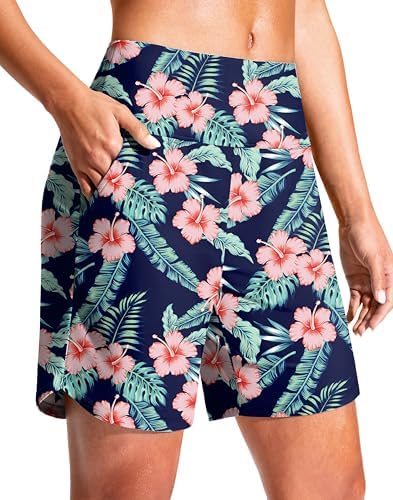 Women's 7" quick dry swim shorts, navy flower