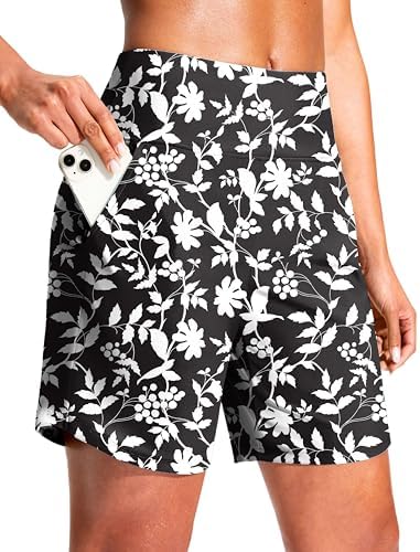 Women's 7" quick dry swim shorts, white flower